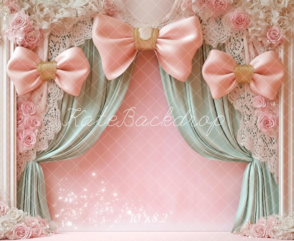 Kate Birthday Pink Bow Curtain Floral Backdrop Designed by Patty Roberts - Kate Backdrop AU