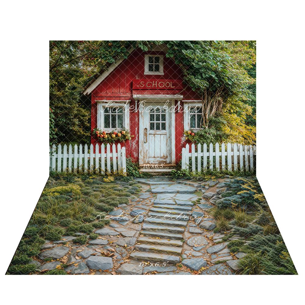 Kate Back to School Red Cottage Backdrop+Stone Path Floor Backdrop - Kate Backdrop AU
