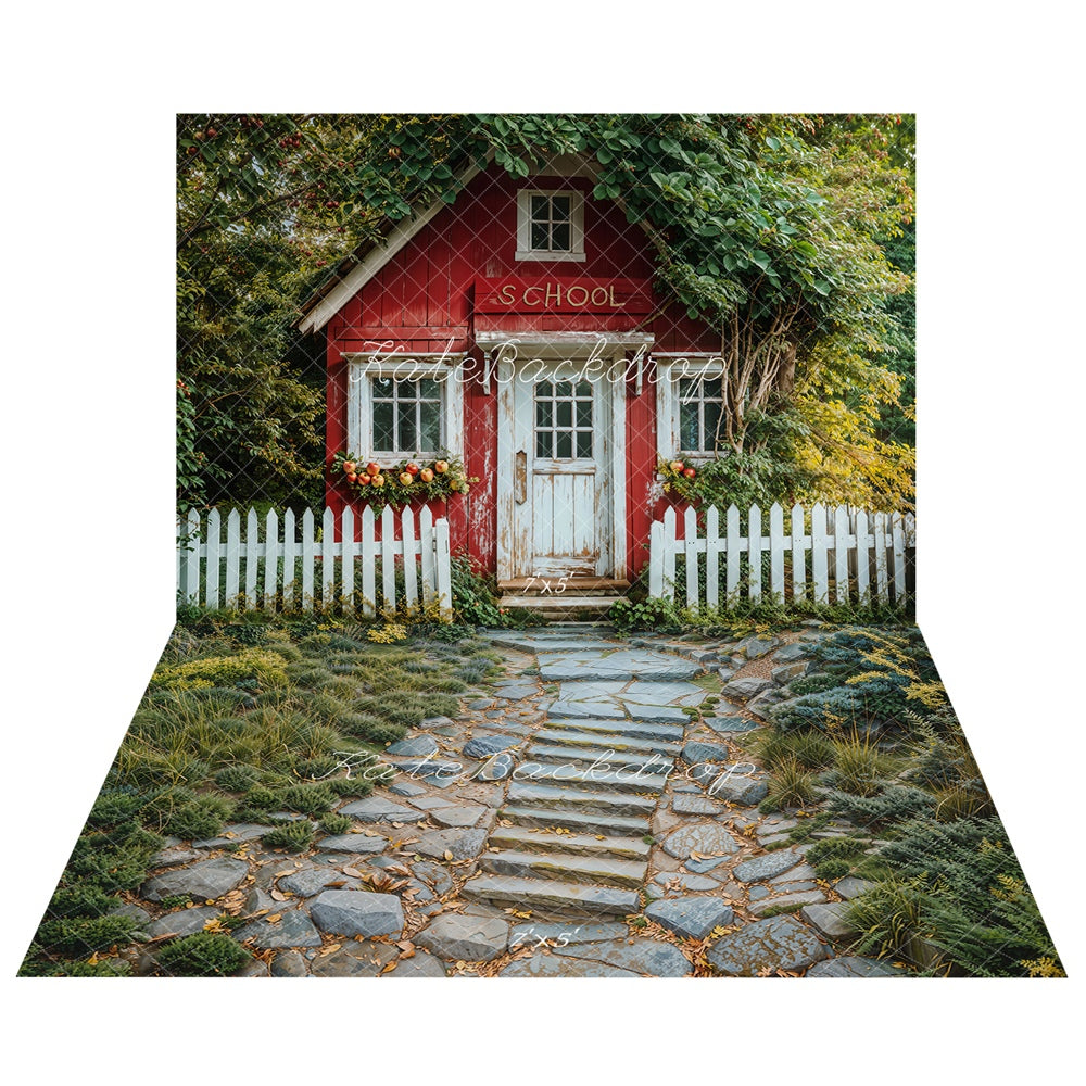 Kate Back to School Red Cottage Backdrop+Stone Path Floor Backdrop - Kate Backdrop AU