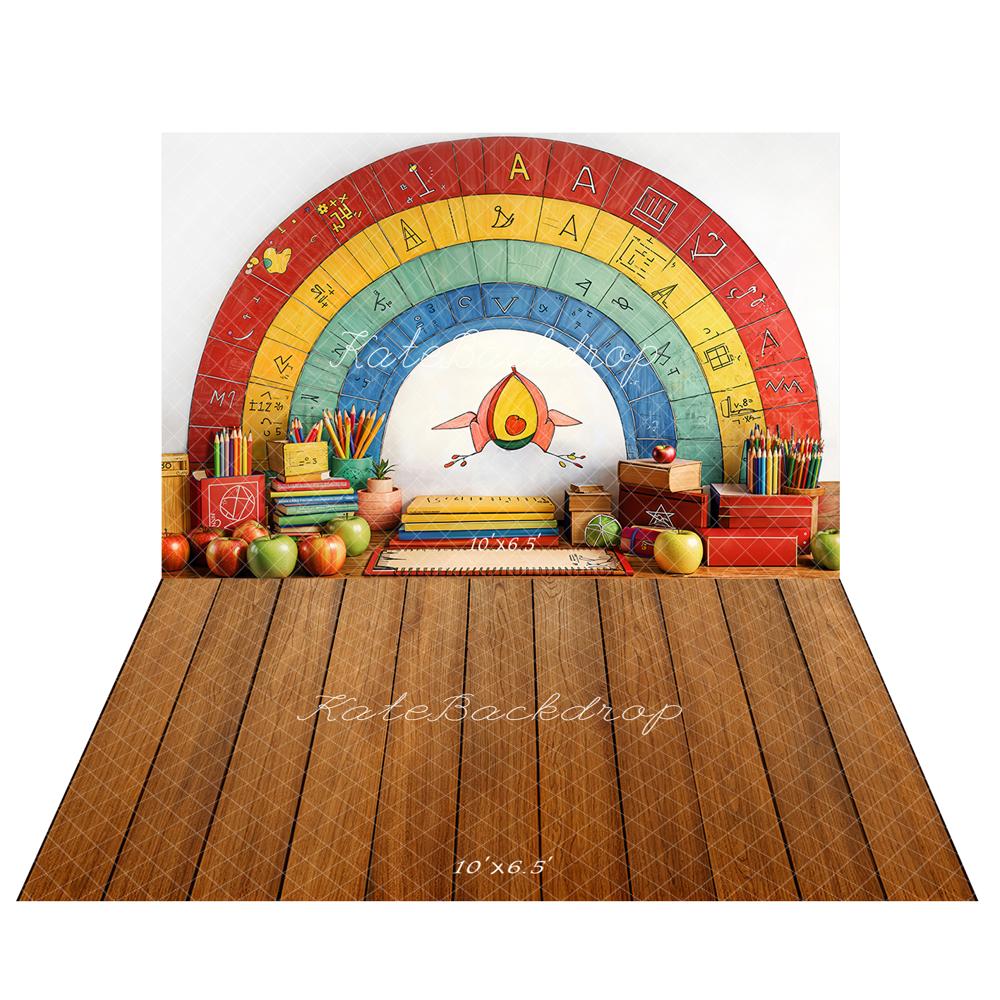 Kate Color Pencil Rainbow Back to School Backdrop+Wood Floor Backdrop for Photography - Kate Backdrop AU