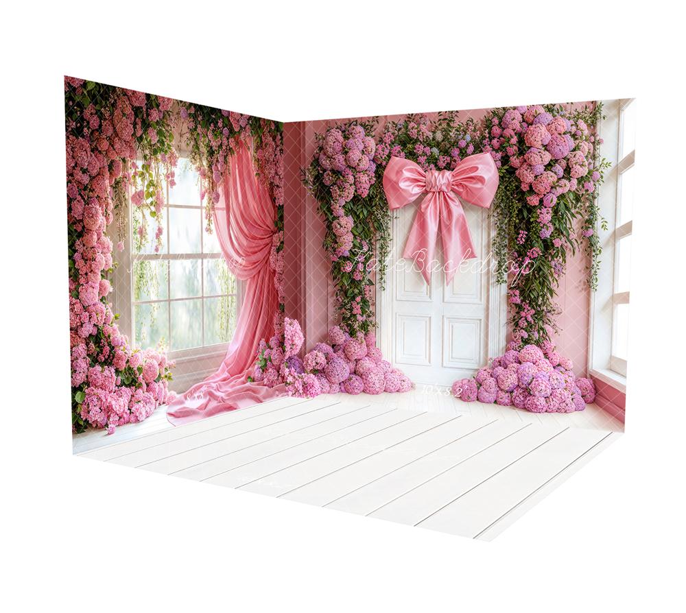 Kate Pink Spring Bow Hydrangea Room Set(8ftx8ft&10ftx8ft&8ftx10ft) - Kate Backdrop AU