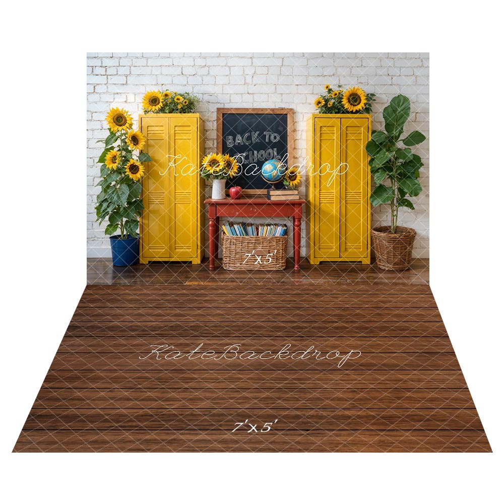 Kate Back to School Sunflowers Backdrop+Brown Wood Floor Backdrop for Photography - Kate Backdrop AU