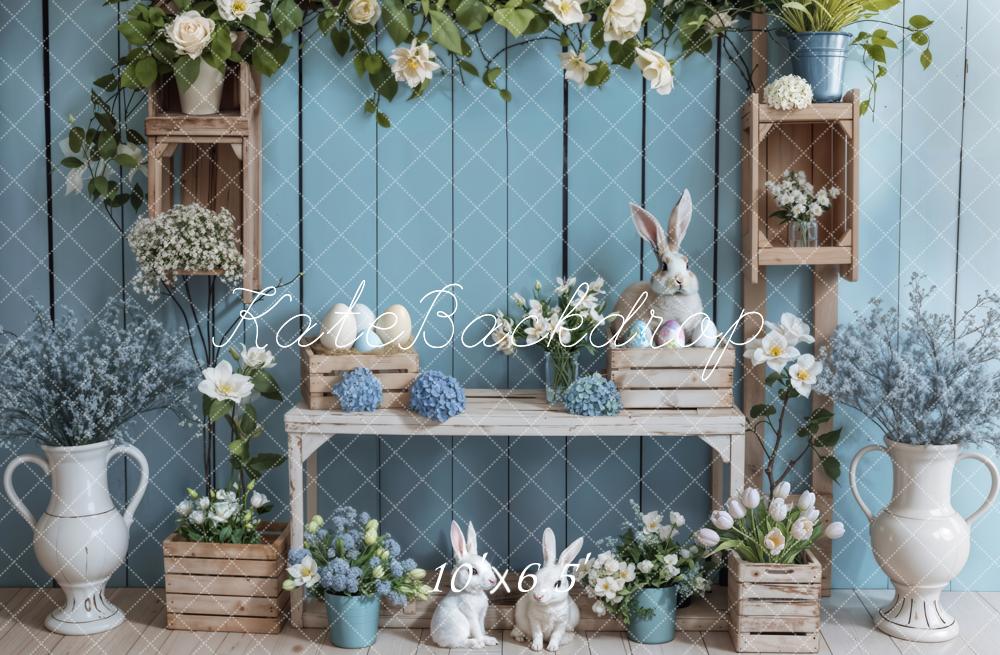 Kate Blue Wooden Easter Bunny Backdrop Designed by Emetselch - Kate Backdrop AU