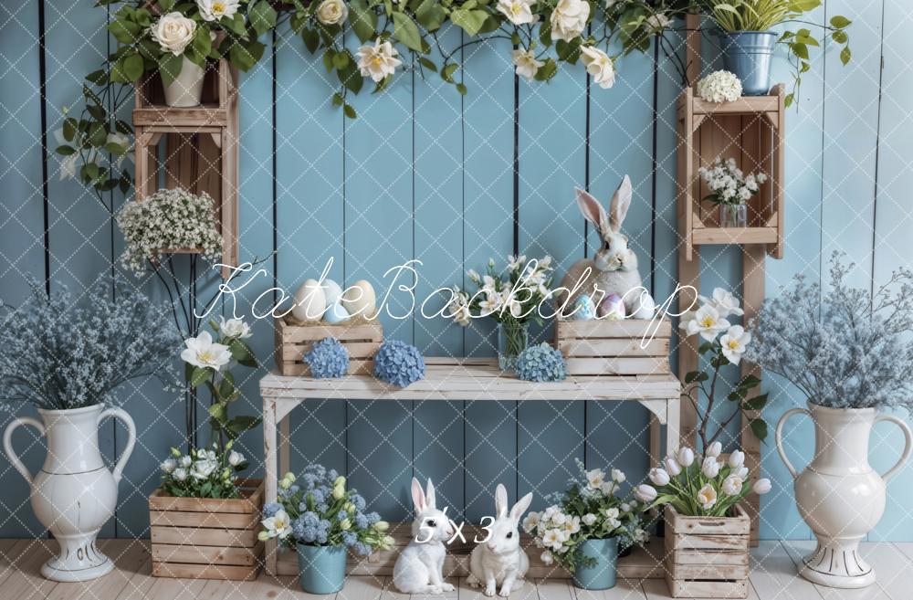 Kate Blue Wooden Easter Bunny Backdrop Designed by Emetselch - Kate Backdrop AU
