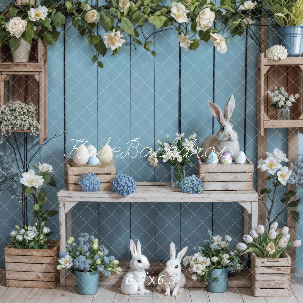 Kate Blue Wooden Easter Bunny Backdrop Designed by Emetselch - Kate Backdrop AU