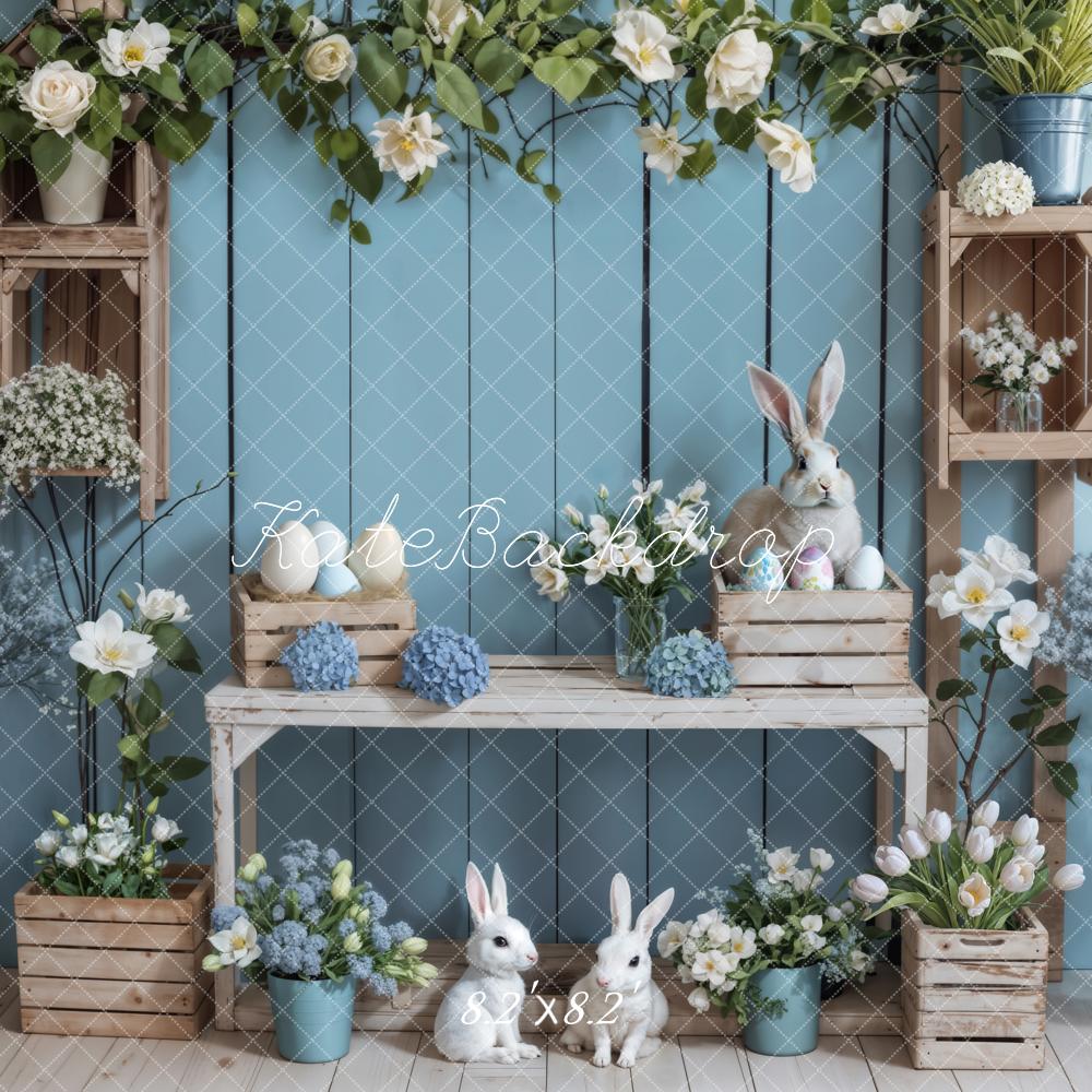 Kate Blue Wooden Easter Bunny Backdrop Designed by Emetselch - Kate Backdrop AU