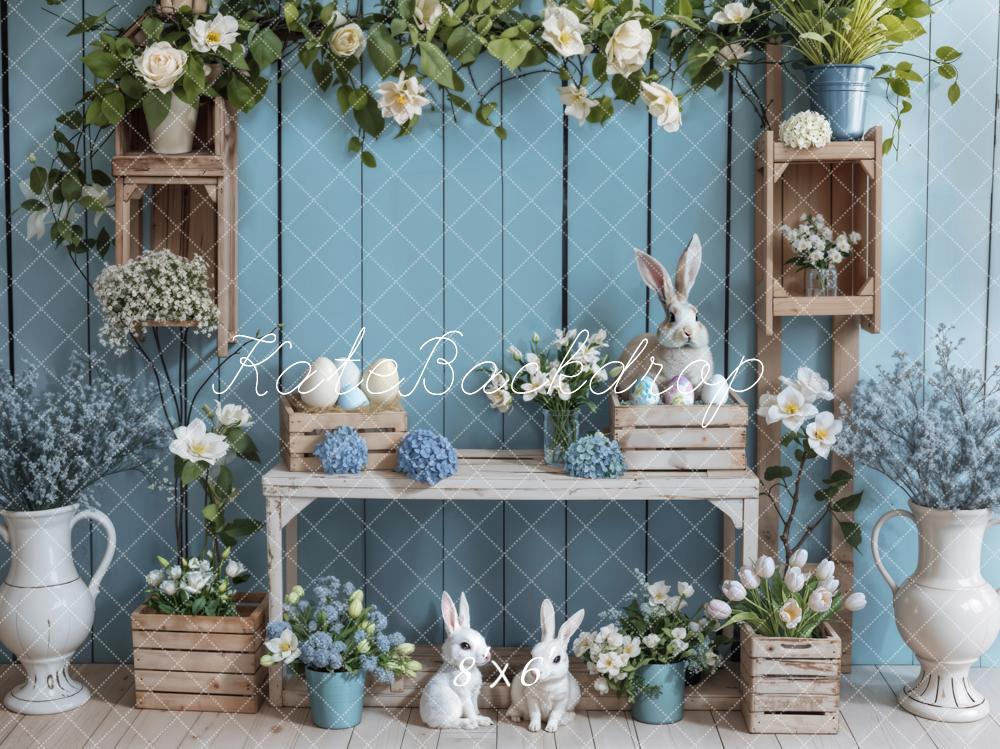 Kate Blue Wooden Easter Bunny Backdrop Designed by Emetselch - Kate Backdrop AU
