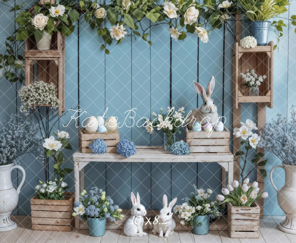 Kate Blue Wooden Easter Bunny Backdrop Designed by Emetselch - Kate Backdrop AU