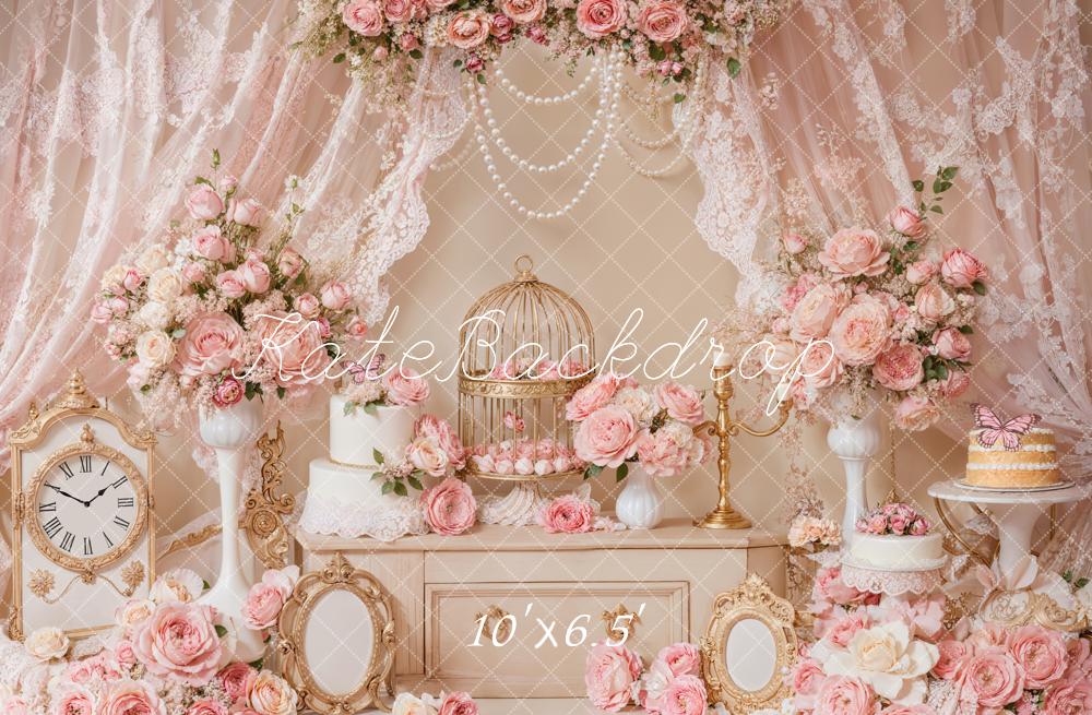 Kate Elegant Pink Floral Lace Birdcage Backdrop Designed by Emetselch
