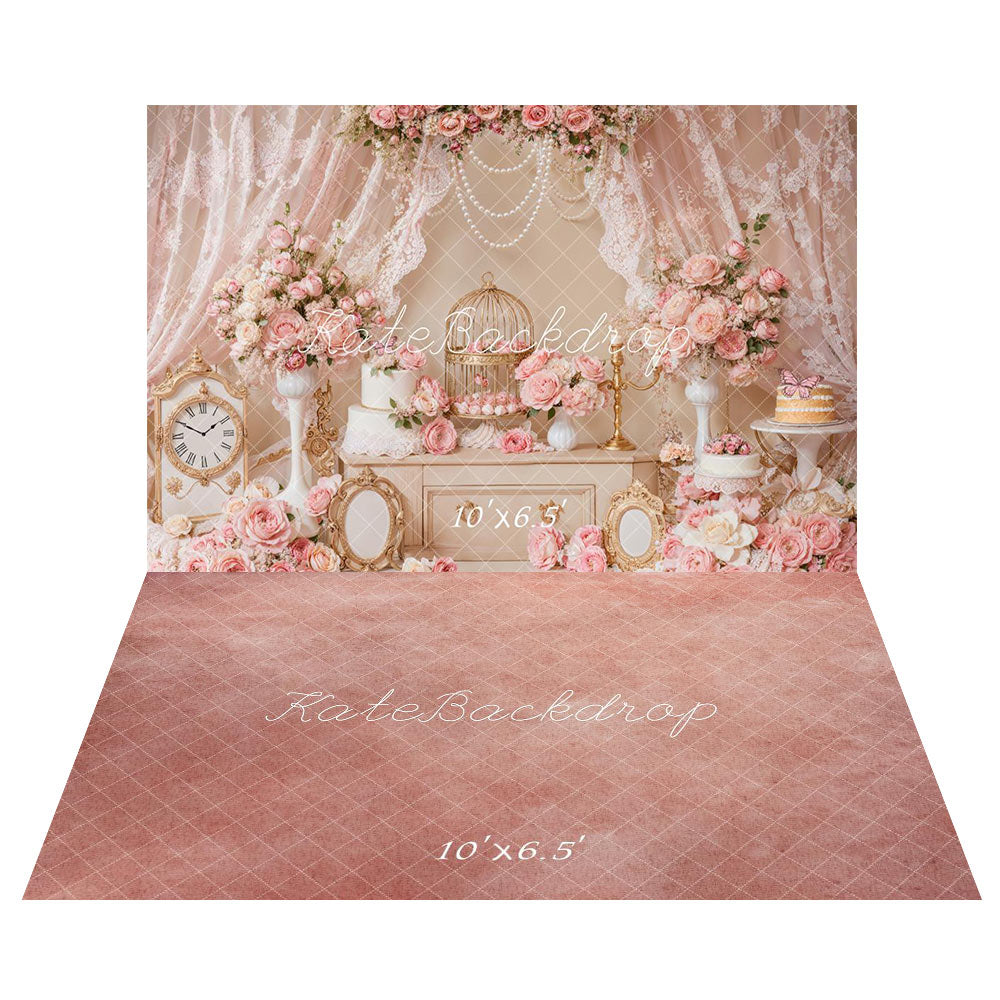 Kate Princess Birthday Pearls Backdrop+Pink Floor Backdrop - Kate Backdrop AU