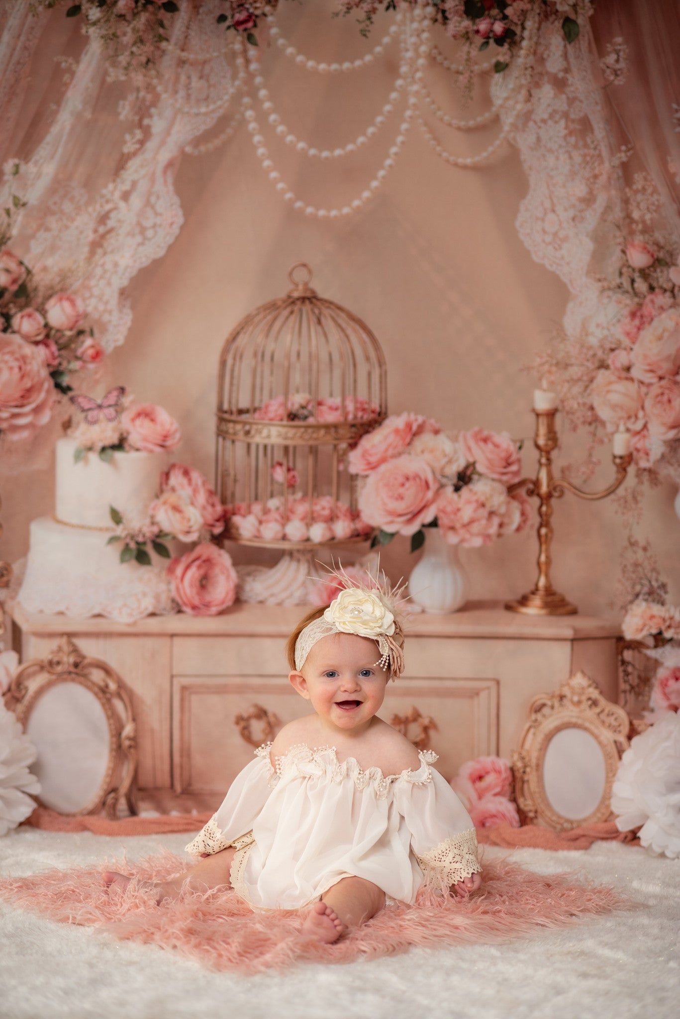 Kate Princess Birthday Pearls Backdrop+Pink Floor Backdrop