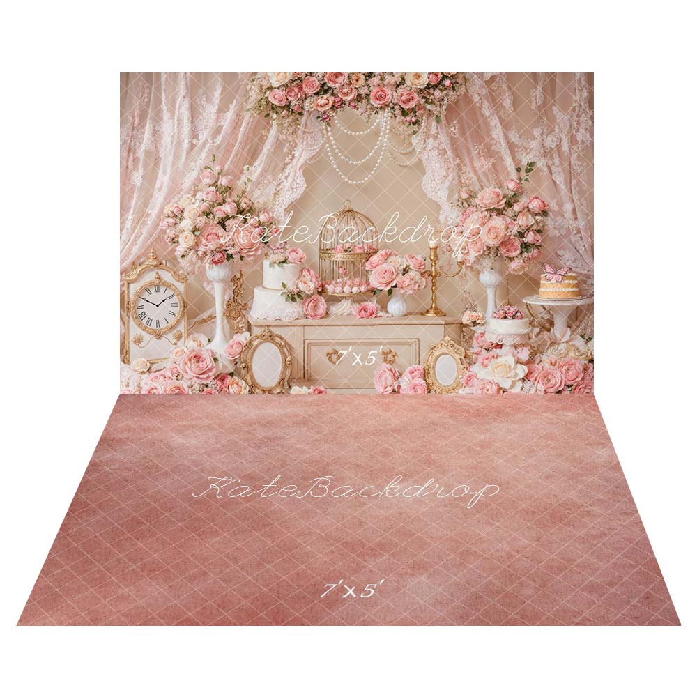 Kate Princess Birthday Pearls Backdrop+Pink Floor Backdrop - Kate Backdrop AU