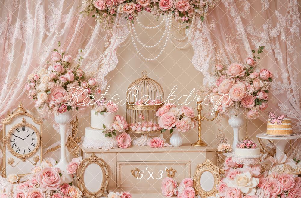 Kate Elegant Pink Floral Lace Birdcage Backdrop Designed by Emetselch