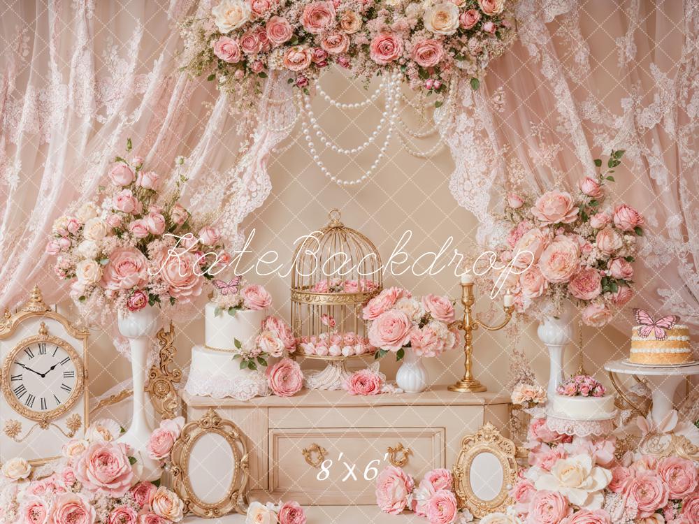 Kate Elegant Pink Floral Lace Birdcage Backdrop Designed by Emetselch