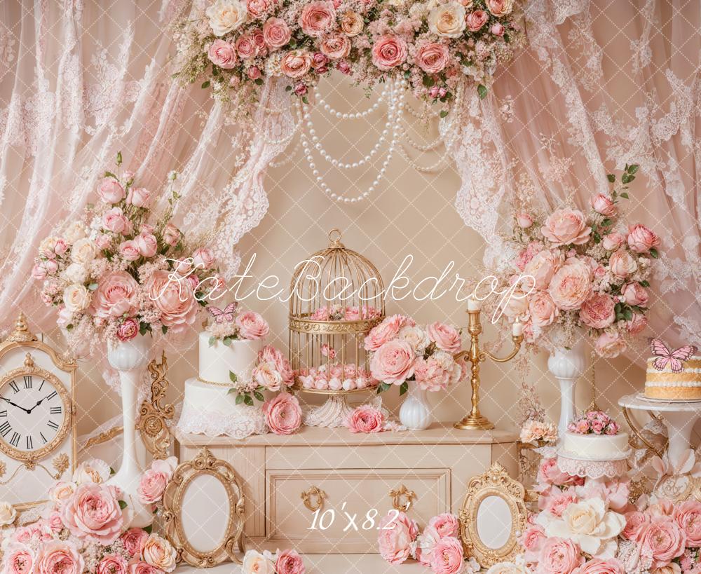 Kate Elegant Pink Floral Lace Birdcage Backdrop Designed by Emetselch