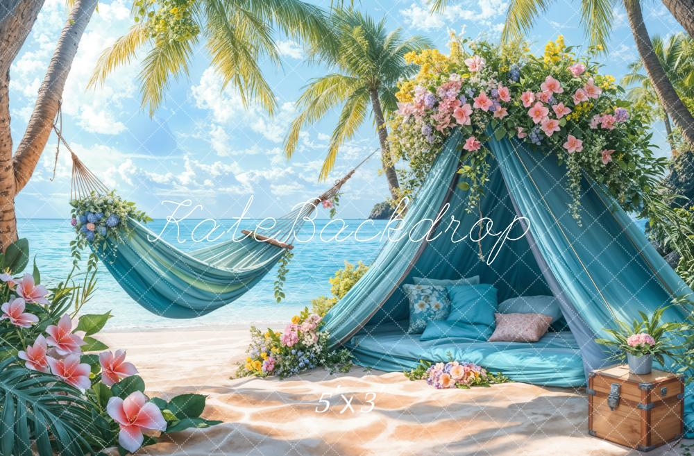 Kate Summer Beach Blue Tent Hammock Backdrop Designed by Emetselch - Kate Backdrop AU