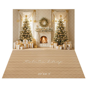Kate Christmas Tree Gifts Fireplace Backdrop+Wood Floor Backdrop for Photography