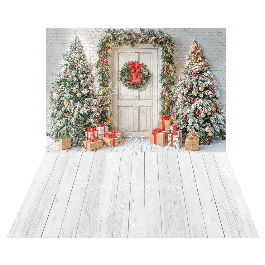 Kate Christmas Tree Retro Door Backdrop+Wood Grain Floor Backdrop for Photography - Kate Backdrop AU