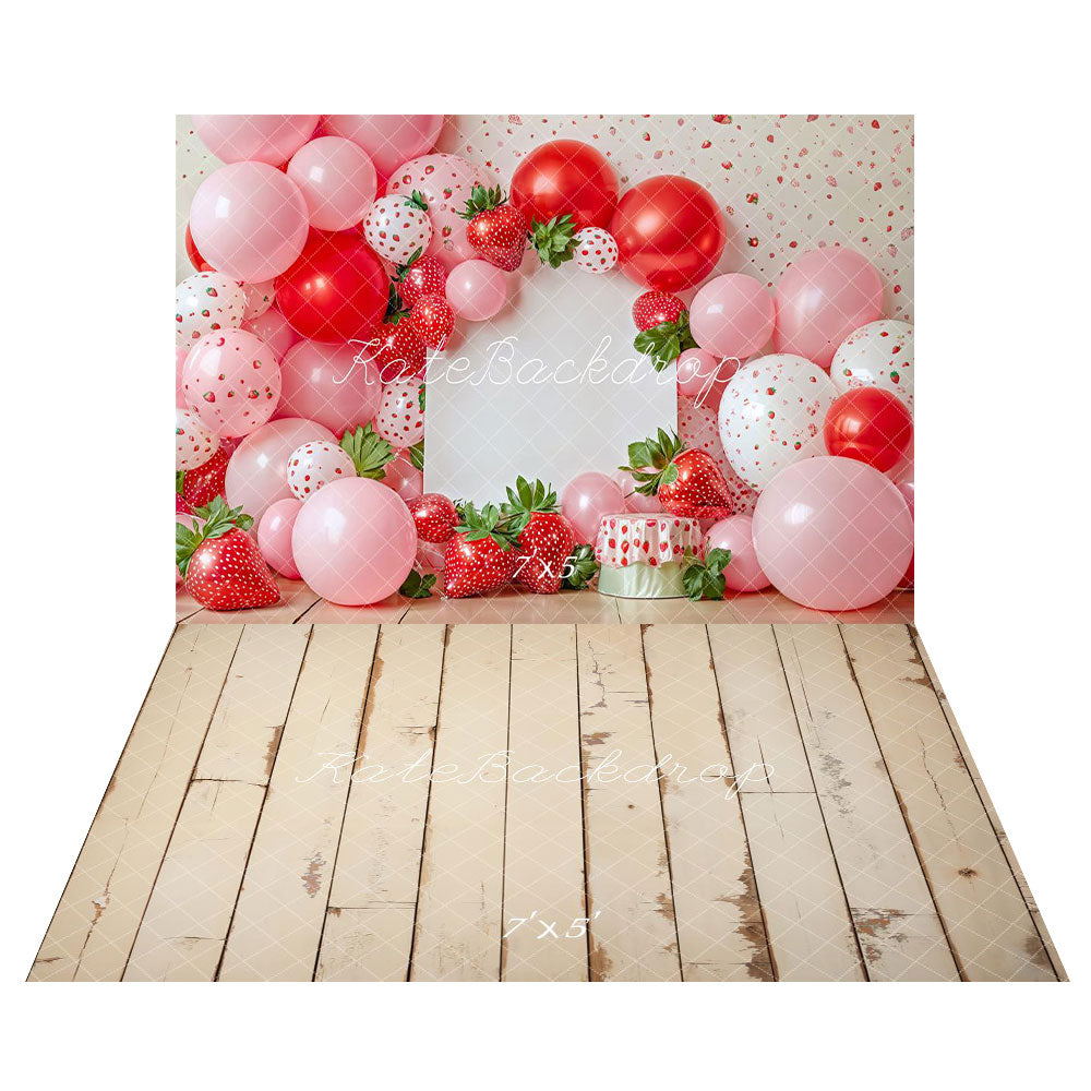 Kate Strawberry Birthday Balloons Backdrop+Retro Wood Floor Backdrop - Kate Backdrop AU