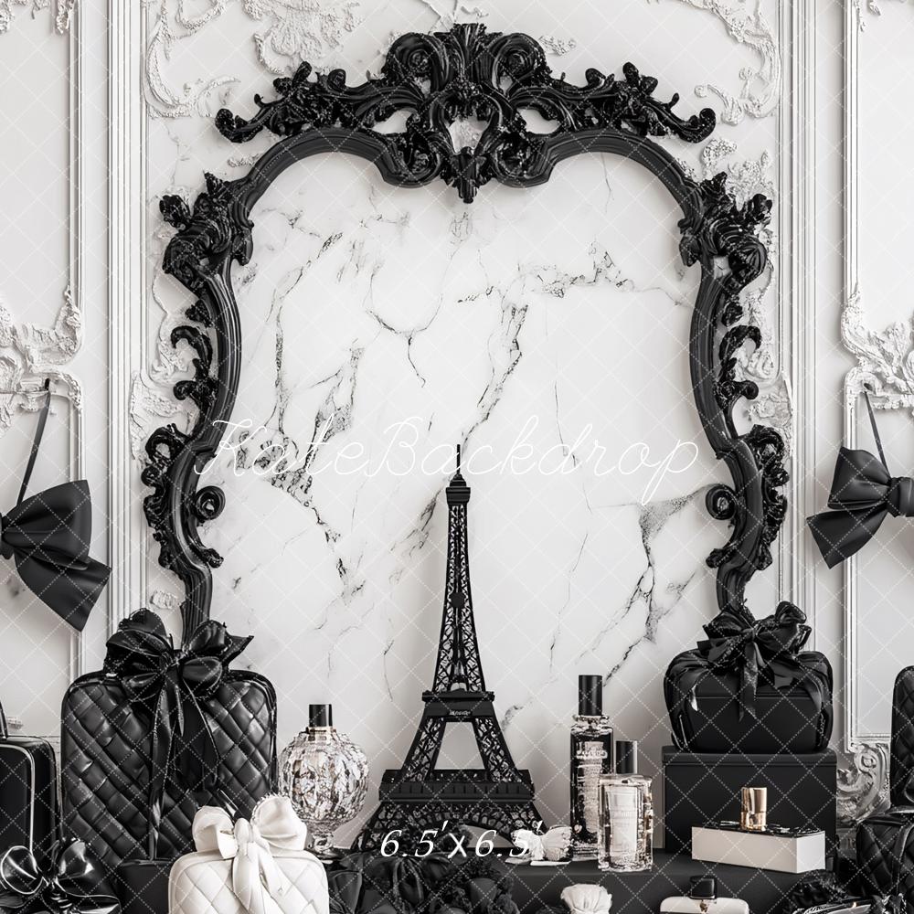 Kate Fashion Marble Black Cosmetic Case Bow Backdrop Designed by Ashley Paul - Kate Backdrop AU