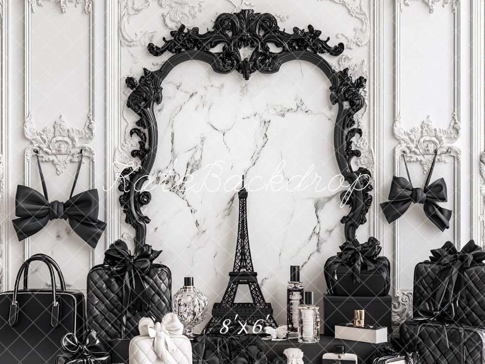 Kate Fashion Marble Black Cosmetic Case Bow Backdrop Designed by Ashley Paul - Kate Backdrop AU