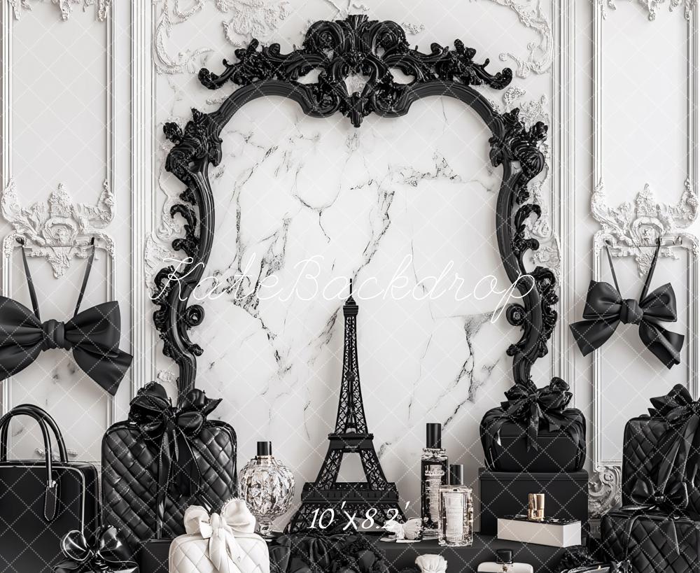 Kate Fashion Marble Black Cosmetic Case Bow Backdrop Designed by Ashley Paul - Kate Backdrop AU