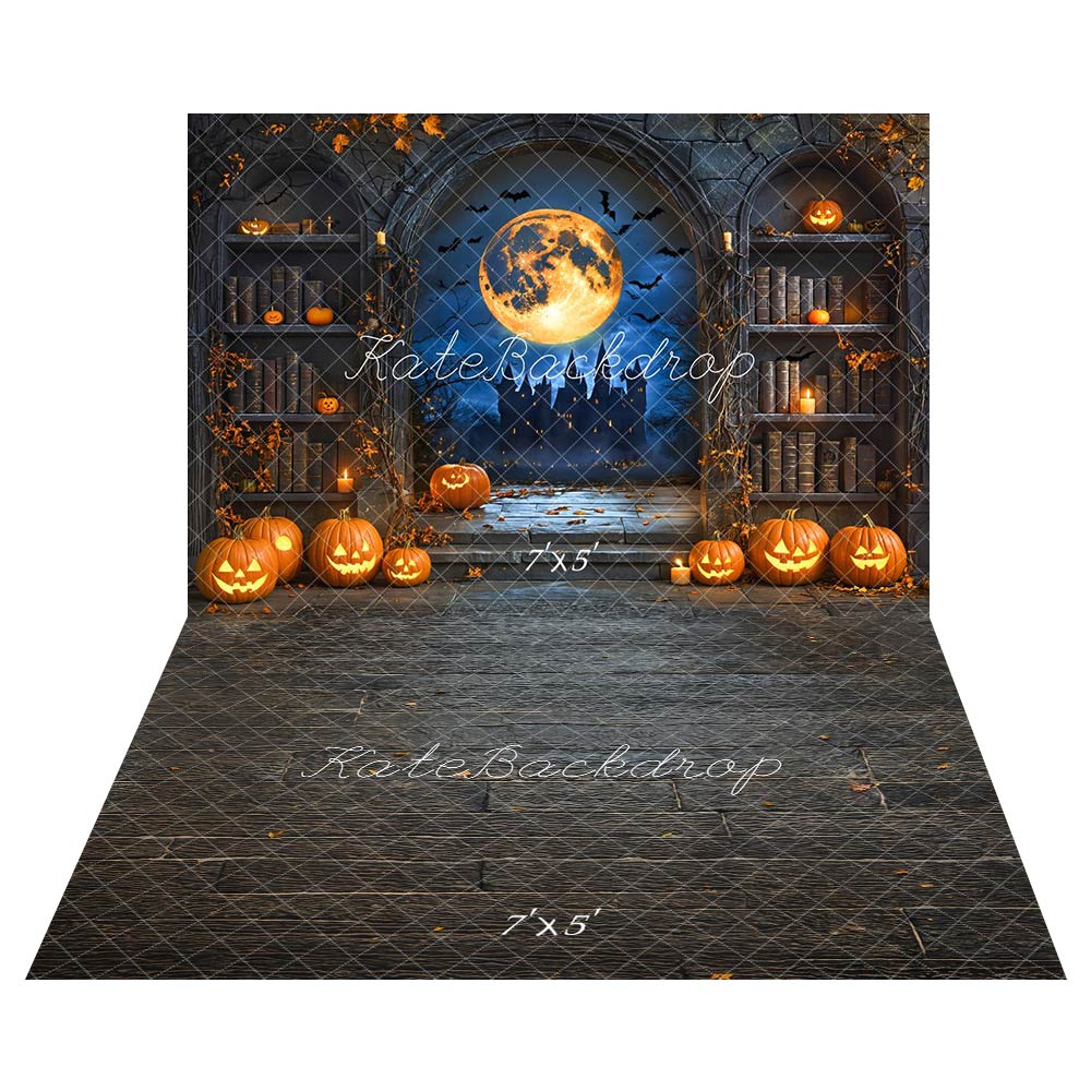 Kate Halloween Pumpkin Moon Backdrop+Dark Wood Floor Backdrop for Photography - Kate Backdrop AU