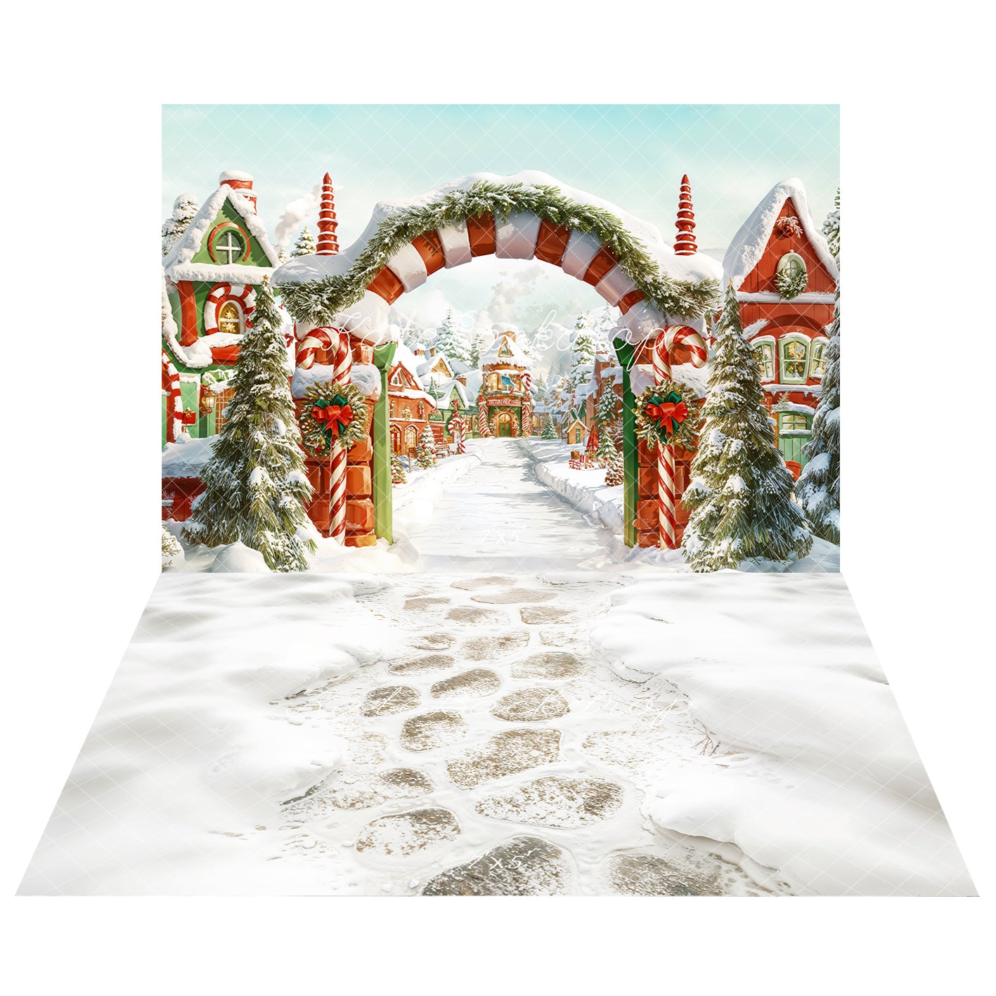 Kate Christmas Snow Village Arch Backdrop+Stone Snow Floor Backdrop for Photography - Kate Backdrop AU