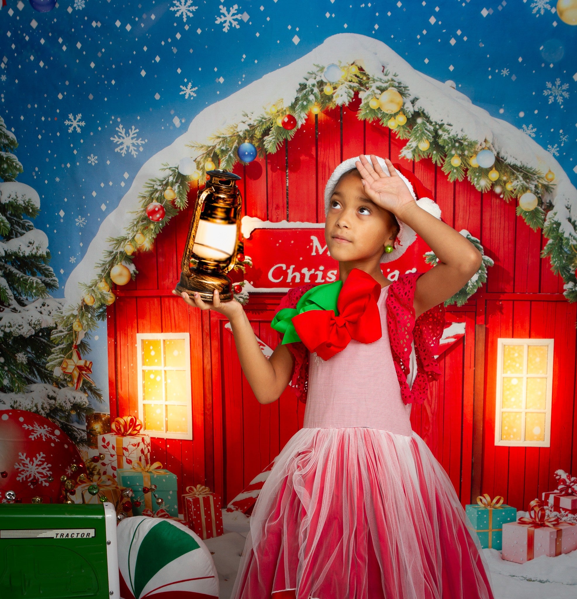 Kate Christmas Red Barn Snowman Presents Trees Backdrop Designed by Chain