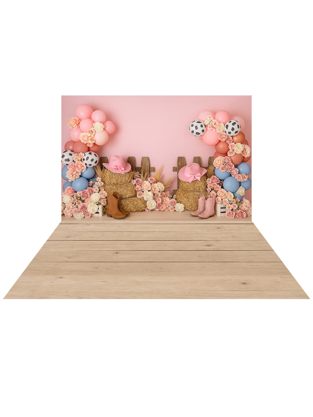 Kate Pink Haystack Cowboy Boots Backdrop+Wood Grain Floor Backdrop