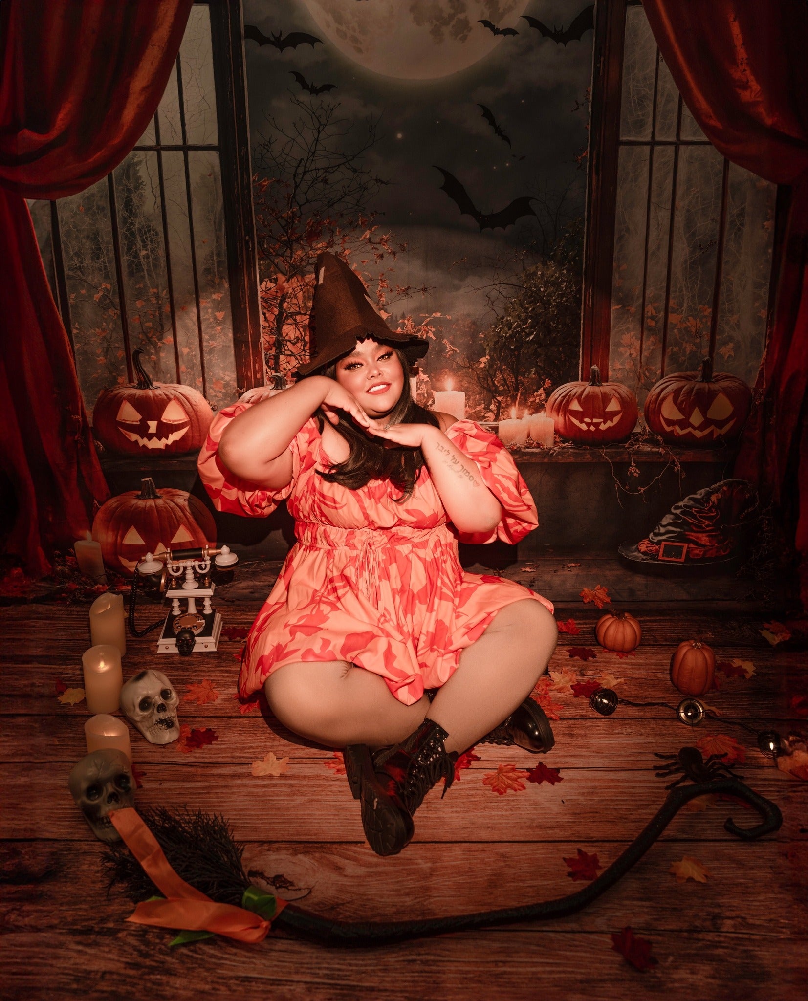 Kate Halloween Pumpkin Moonlit Night Candle Backdrop+Wood Floor Backdrop - Kate Backdrop AU