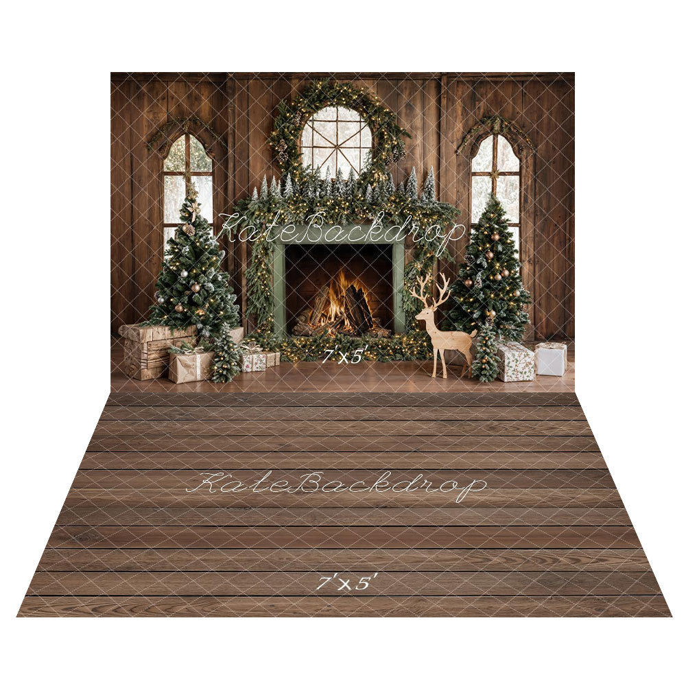 Kate Christmas Tree Fireplace Deer Backdrop+Wood Floor Backdrop - Kate Backdrop AU