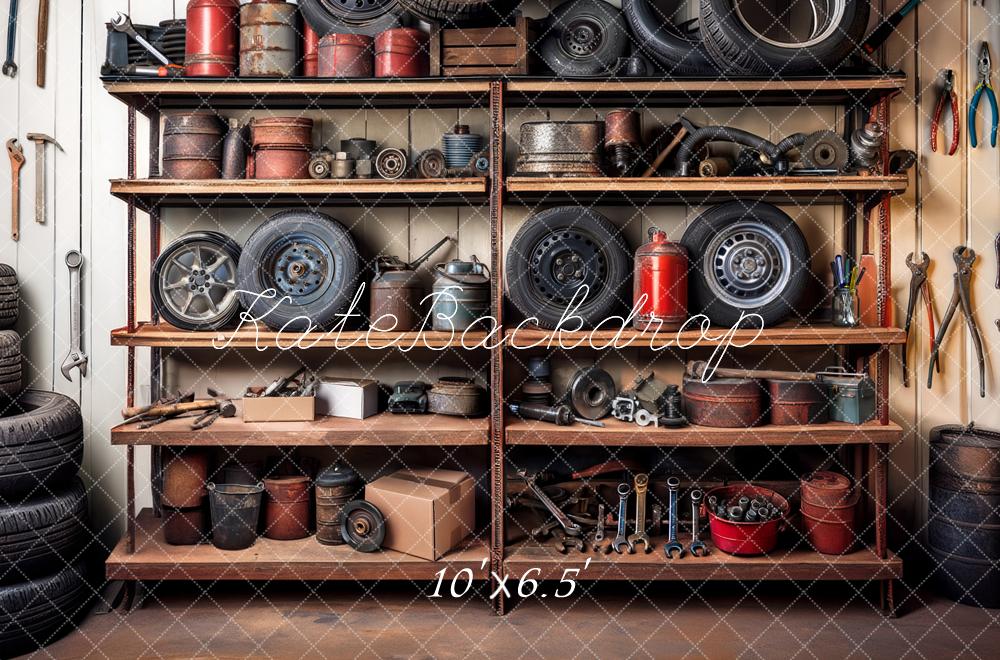Kate Mechanic Garage Shelves Backdrop Designed by Mandy Ringe Photography