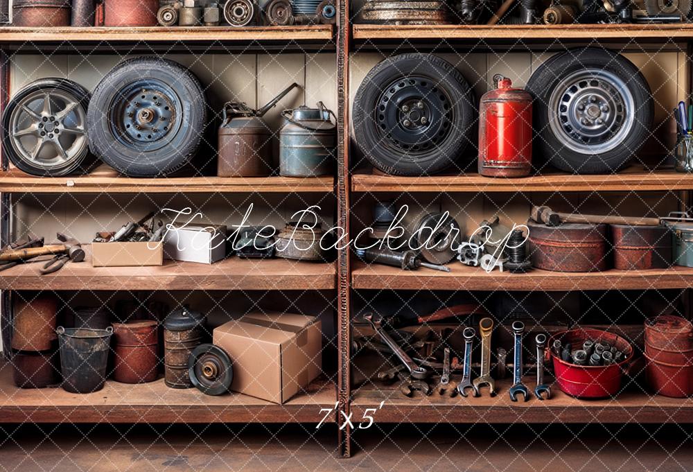 Kate Mechanic Garage Shelves Backdrop Designed by Mandy Ringe Photography