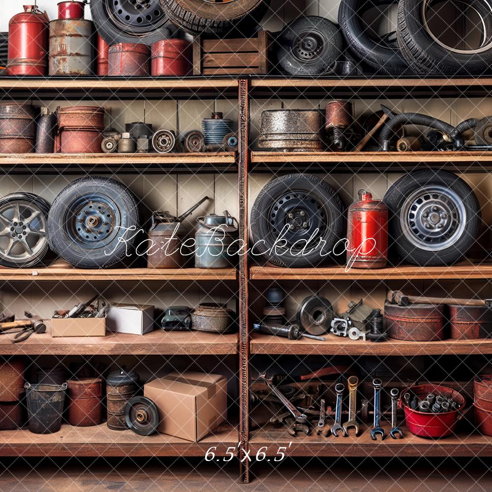 Kate Mechanic Garage Shelves Backdrop Designed by Mandy Ringe Photography