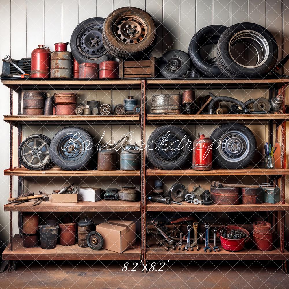 Kate Mechanic Garage Shelves Backdrop Designed by Mandy Ringe Photography