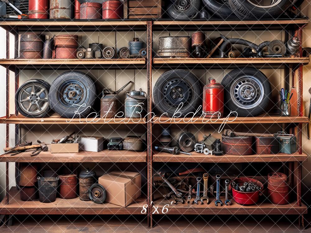 Kate Mechanic Garage Shelves Backdrop Designed by Mandy Ringe Photography