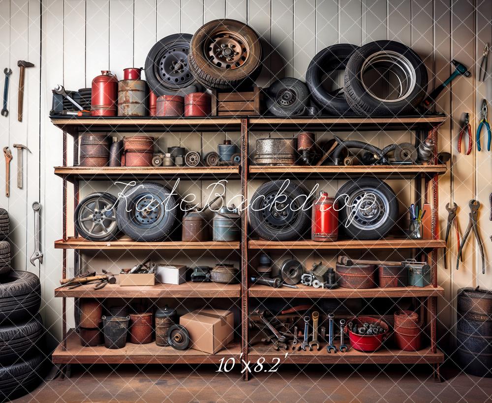 Kate Mechanic Garage Shelves Backdrop Designed by Mandy Ringe Photography