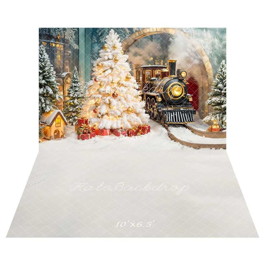 Kate Christmas Tree Train Backdrop+Winter Snow Floor Backdrop