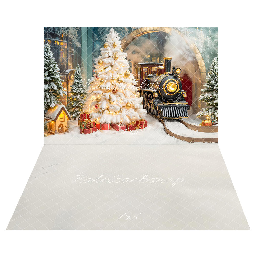Kate Christmas Tree Train Backdrop+Winter Snow Floor Backdrop