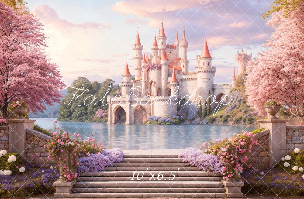 Kate Castle Pink Blossom Lake Backdrop Designed by Emetselch - Kate Backdrop AU