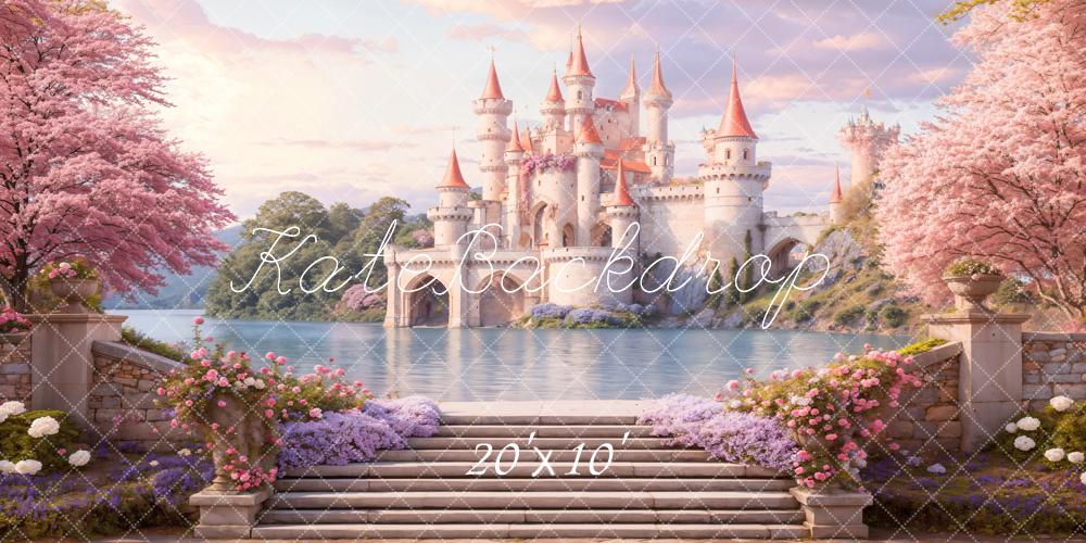 Kate Castle Pink Blossom Lake Backdrop Designed by Emetselch - Kate Backdrop AU