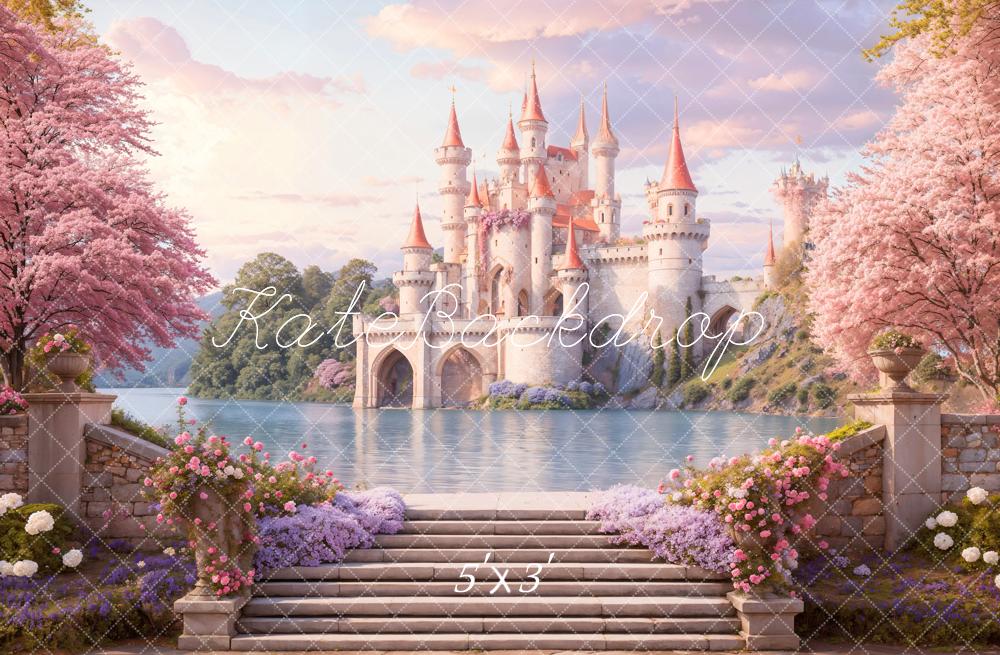 Kate Castle Pink Blossom Lake Backdrop Designed by Emetselch - Kate Backdrop AU