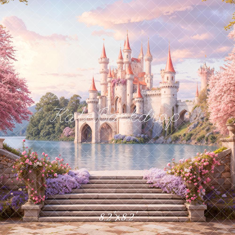 Kate Castle Pink Blossom Lake Backdrop Designed by Emetselch - Kate Backdrop AU