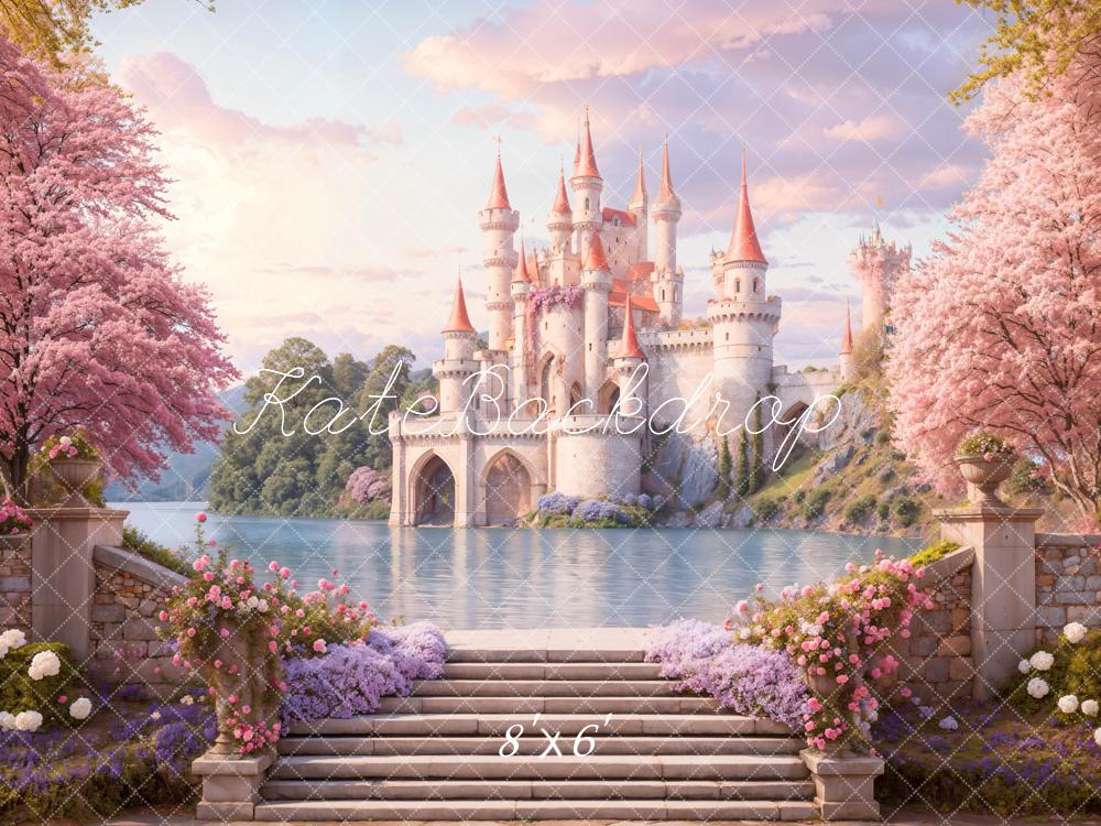 Kate Castle Pink Blossom Lake Backdrop Designed by Emetselch - Kate Backdrop AU