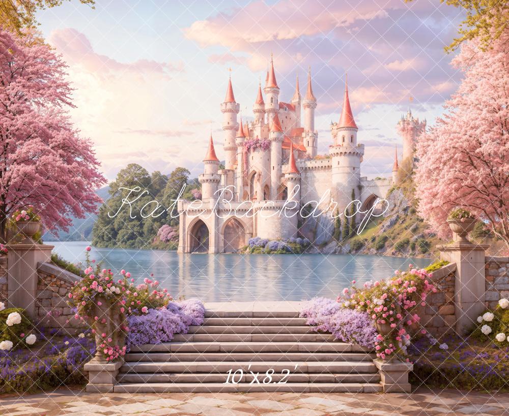 Kate Castle Pink Blossom Lake Backdrop Designed by Emetselch - Kate Backdrop AU