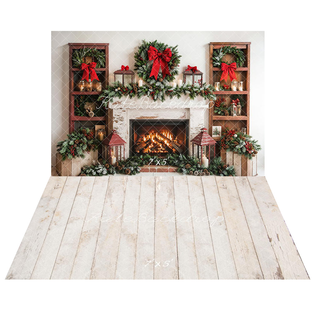 Kate Christmas Fireplace Bow Backdrop+Wood Floor Backdrop - Kate Backdrop AU