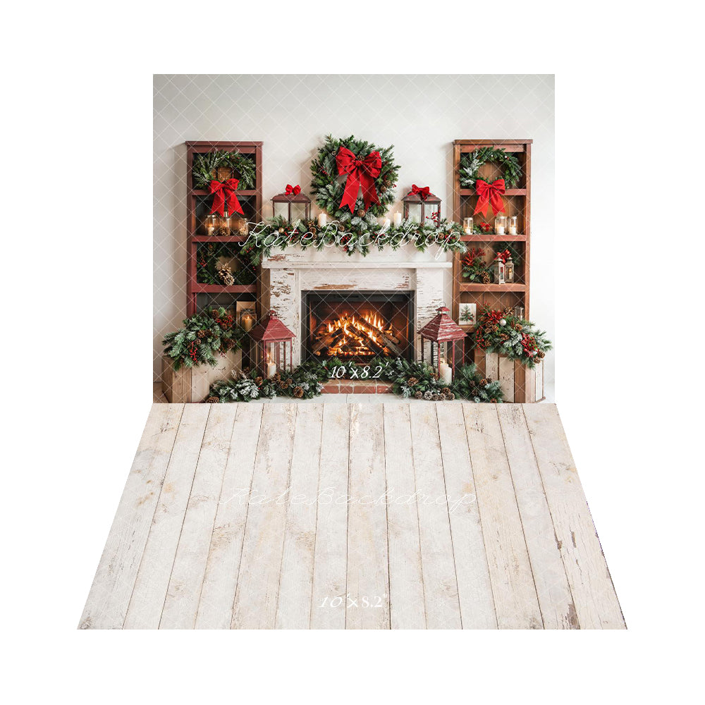Kate Christmas Fireplace Bow Backdrop+Wood Floor Backdrop - Kate Backdrop AU