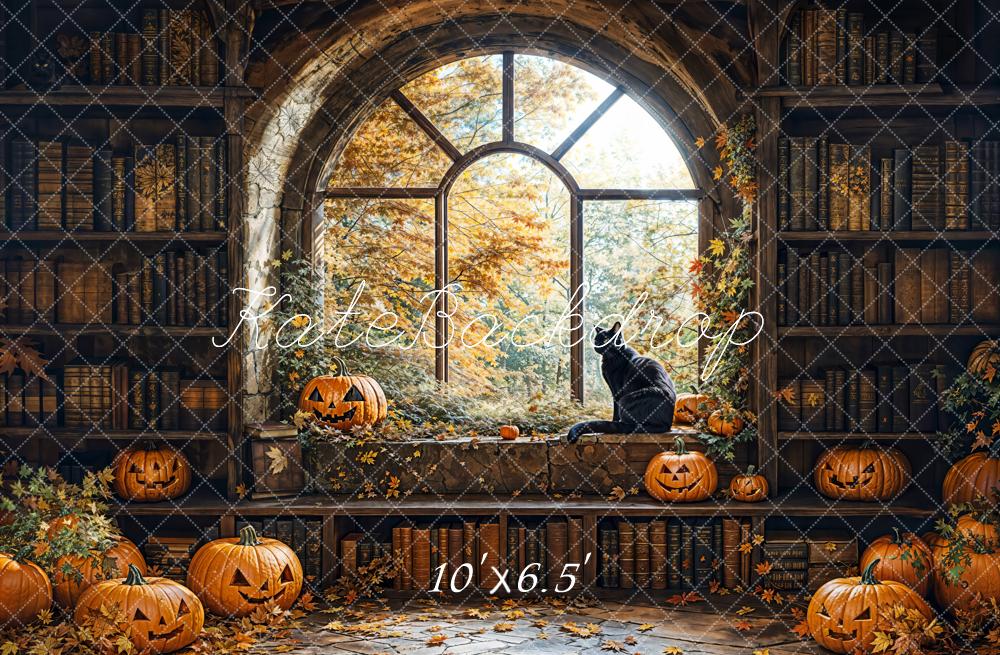 Kate Halloween Backdrop Book Wall Window Black Cat Designed by Emetselch - Kate Backdrop AU