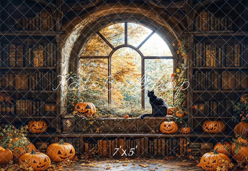 Kate Halloween Backdrop Book Wall Window Black Cat Designed by Emetselch - Kate Backdrop AU